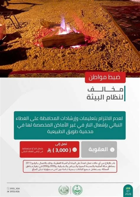 ضبط مواطن بتهمة إشعال النار في محمية طويق الطبيعية
