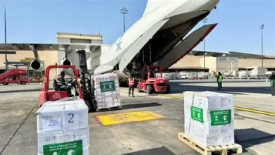 وصول طائرة إغاثية سعودية تحمل مساعدات غذائية للفلسطينيين إلى مطار العريش